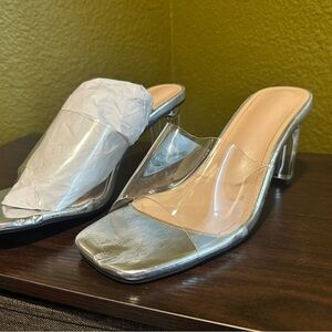SHEIN Silver Clear Strap Heeled Mules